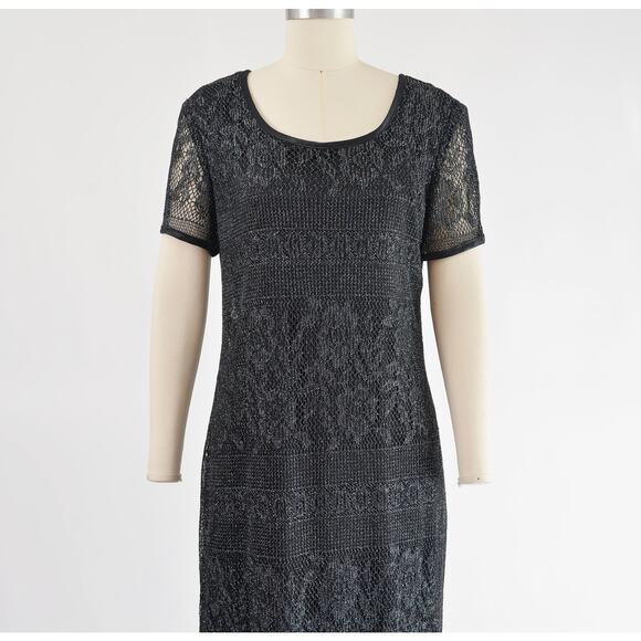 Vintage 90s Black Sheer Lace Metallic Silver Boho Whimsigoth Maxi Dress M L - Picture 5 of 9